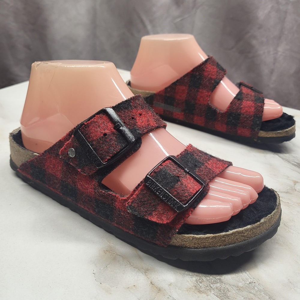 Birkenstock Arizona Sandals Womens Size 6 Red Plaid Wool Slide Adjustable Buckle